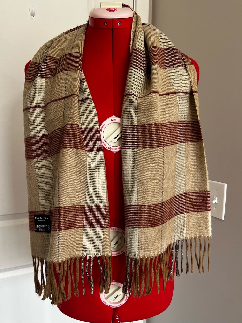 Dior Cashmere-Blend Plaid Fringe Scarf in Beige, Brown and Red